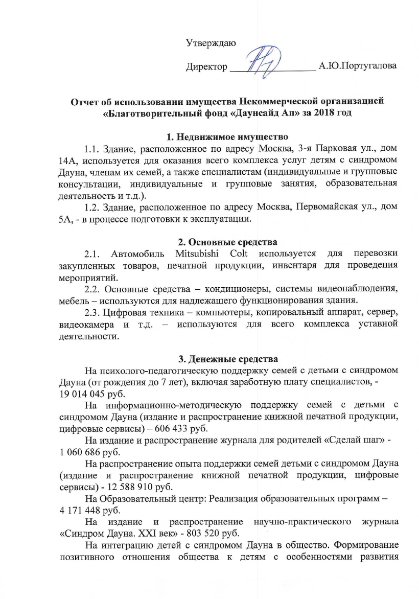 Отчет об использовании имущества «Даунсайд Ап» в 2018 году